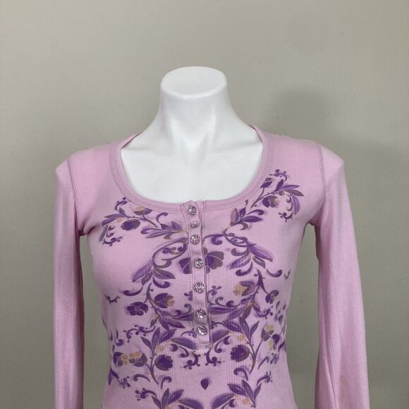 Vintage Fairy 2000s Y2K Henley DNKY Jeans Pink Floral Crystal Buttons Womens S/M - Picture 4 of 8